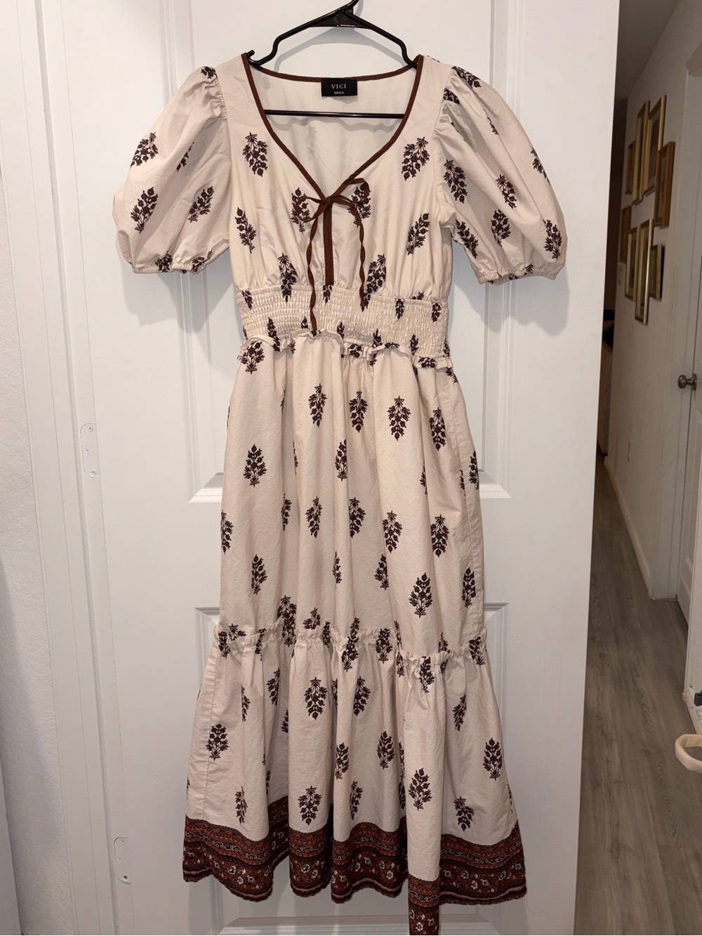 VICI Cream Midi Dress with Brown Floral Print and Puff Sleeves